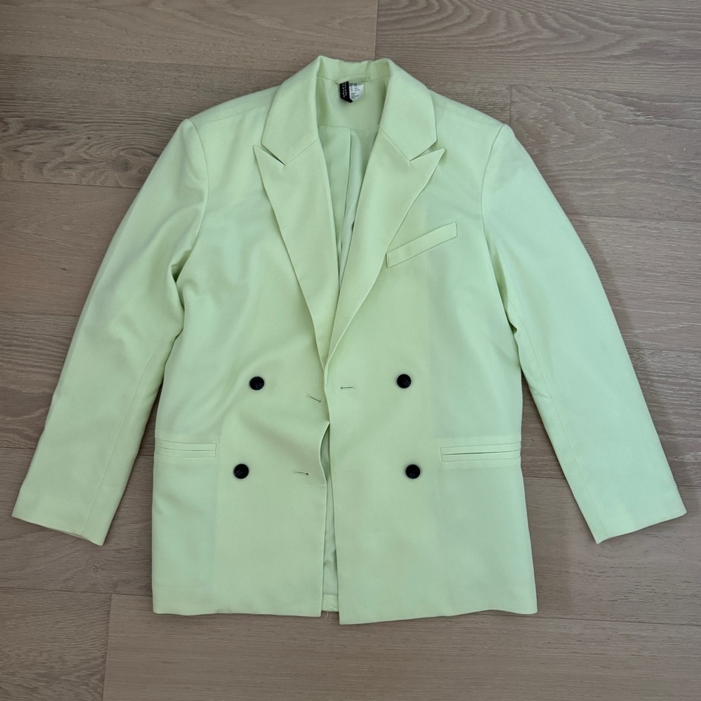 H&M Oversized Green Double Breasted Blazer Jacket Pockets Button Long Sleeve 2XS - Picture 2 of 7